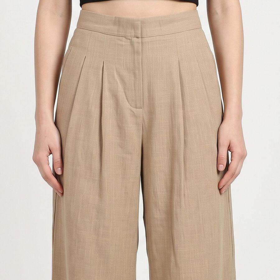 Women's Beige Wide Leg Pleated Trousers, Beige, large