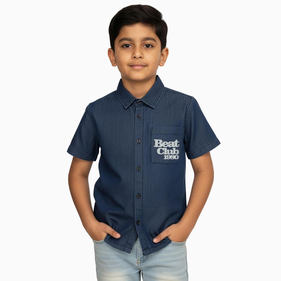 Boys Dark Denim Blue Half Sleeve Classic Casual Shirt, Mid Blue, large image number null