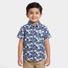 Boys Navy Blue Cotton Floral Printed Collar Shirt, Navy Blue, small
