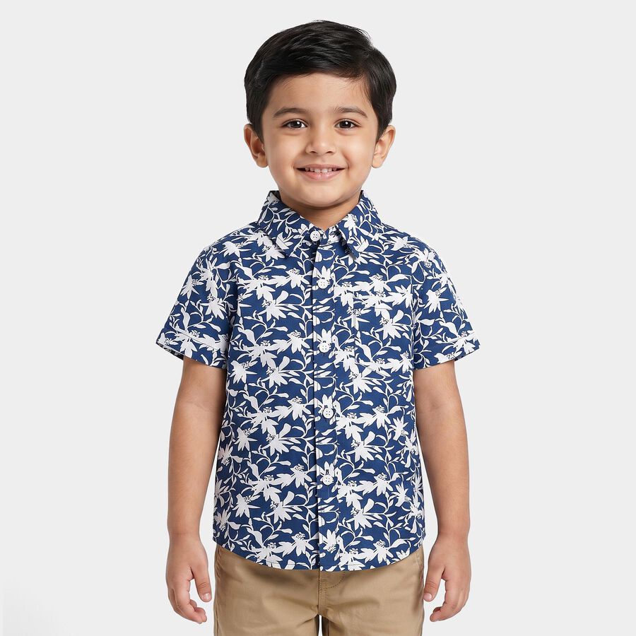 Boys Navy Blue Cotton Floral Printed Collar Shirt, Navy Blue, large