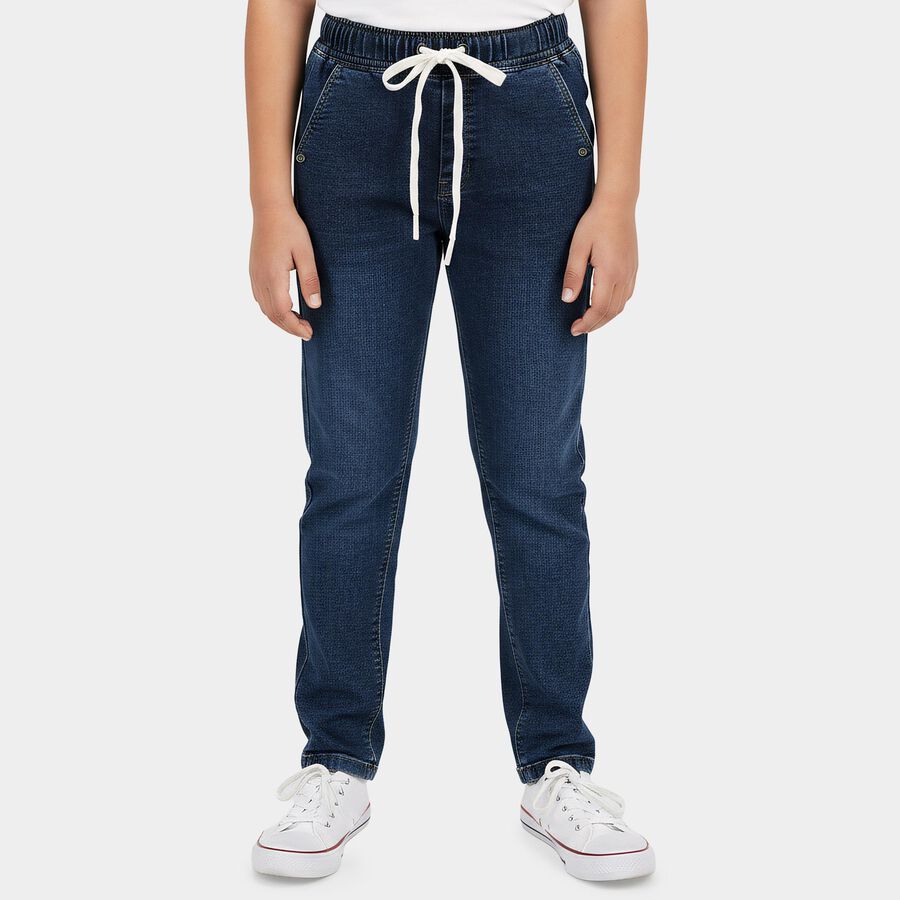 Boys' Navy Blue Slim Fit Drawstring Waist Jeans, मध्यम नीला, large