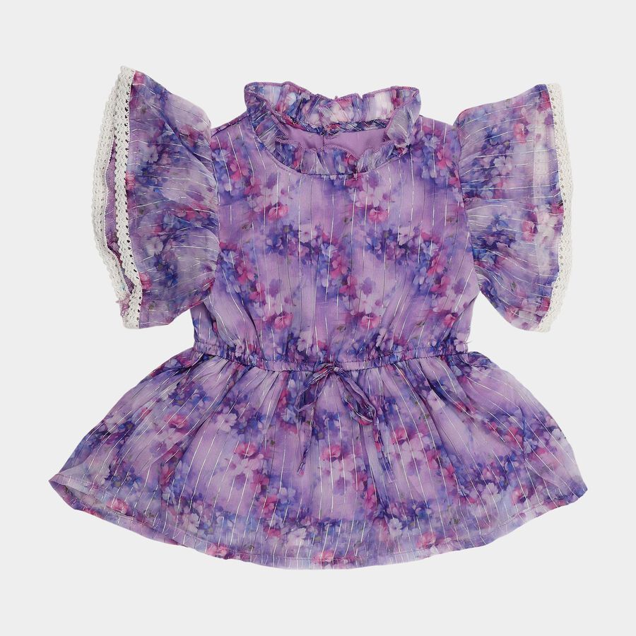 Girls' Purple Ruffle Neck Floral Romantic T-Shirt, Lilac, large