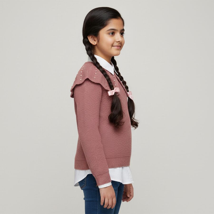 Girls' Dusty Rose Crew Neck Knit Pullover, Light Pink, large image number null