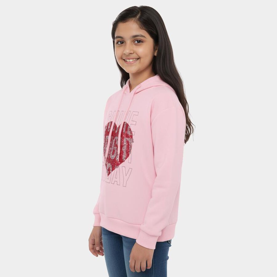 Girls Light Pink Hooded Neck Graphic Sweatshirt, Light Pink, large image number null