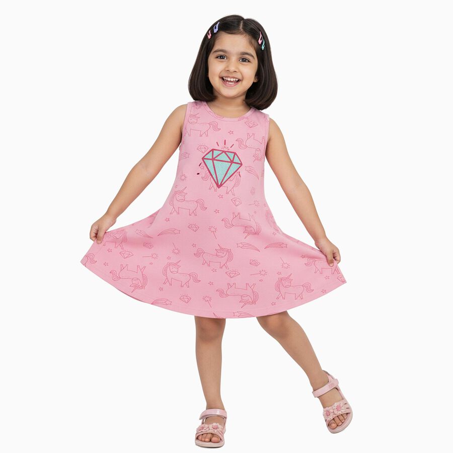 Girls' Pink Unicorn Print Sleeveless A-Line Frock, हल्का गुलाबी, large image number null