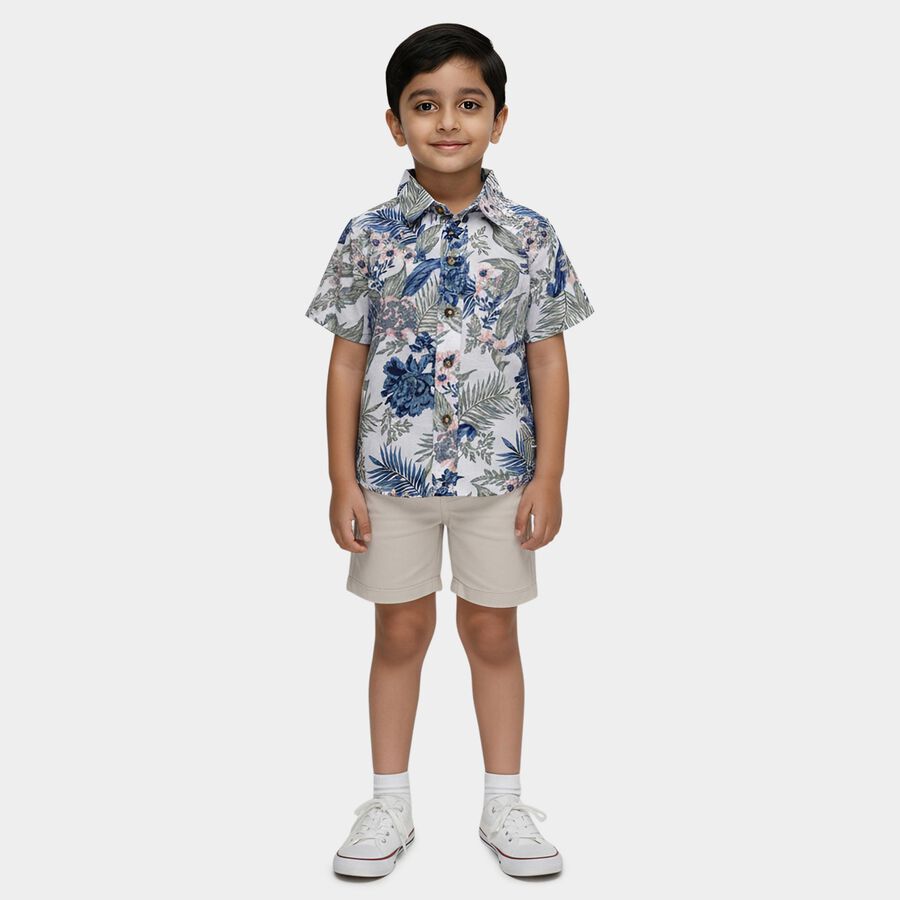 Boys' Off-White Cotton Half Sleeve Spread Collar Floral Casual Shirt, Off White, large