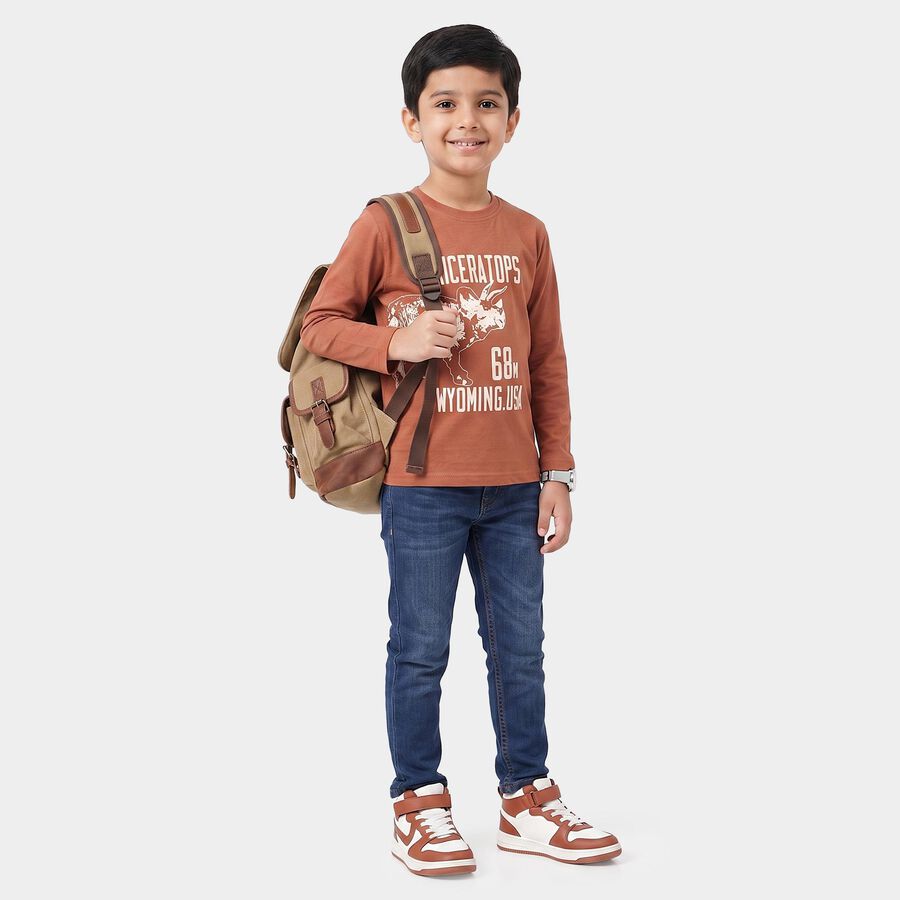 Boys Brown Cotton Blend Round Neck Regular Boys T-Shirt, Brown, large