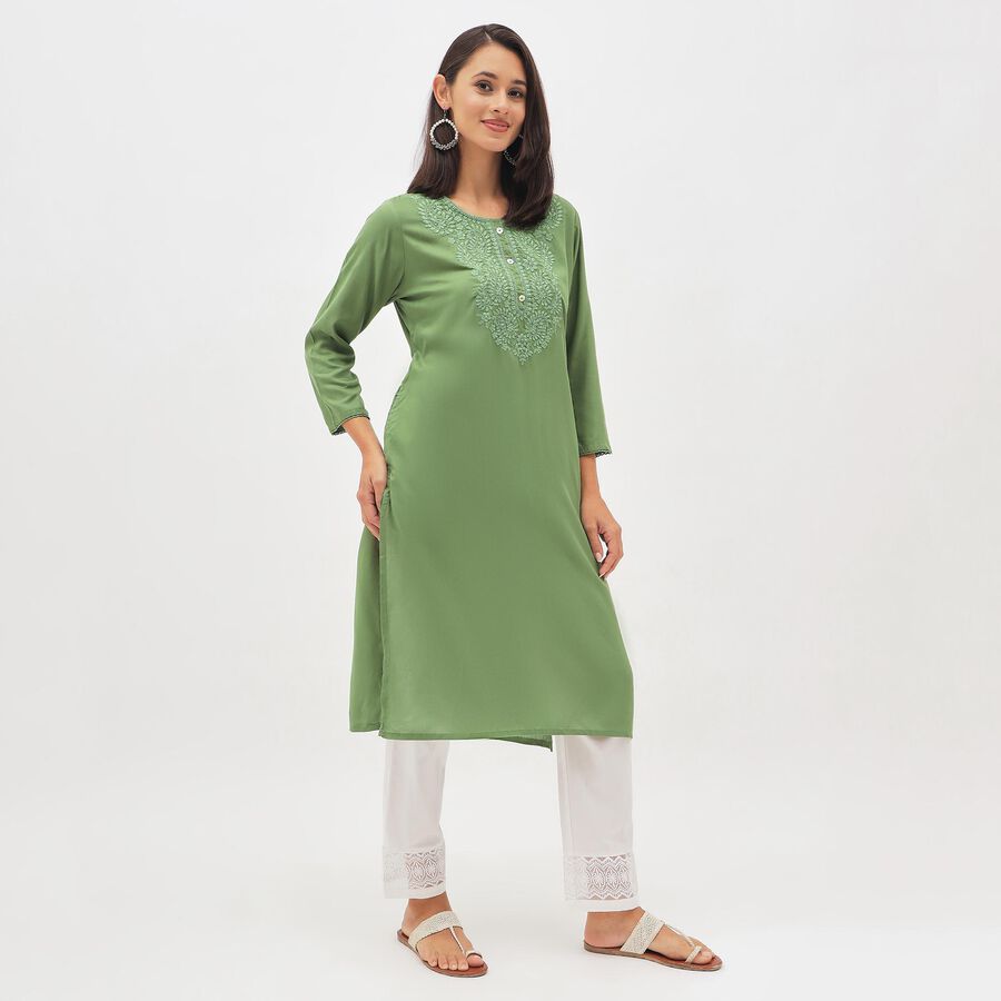 Women's Olive Green Round Neck Embroidered Kurta, Olive, large image number null