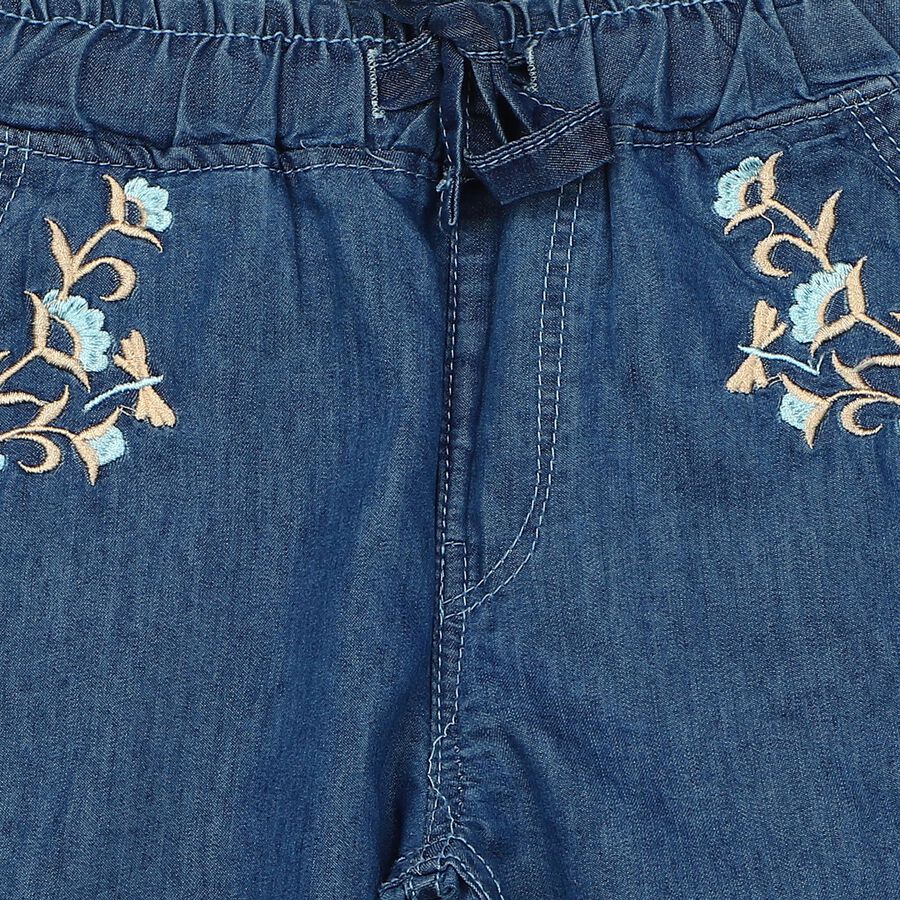 Girls' Blue Jogger Fit Embroidered Jeans, Light Blue, large