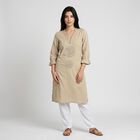 Women's Beige Cotton V-Neck Embellished Kurta, Beige, small