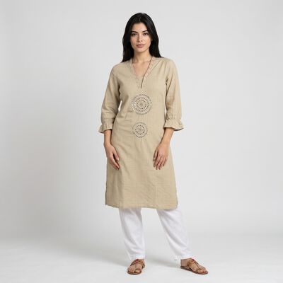 Women's Beige Cotton V-Neck Embellished Kurta