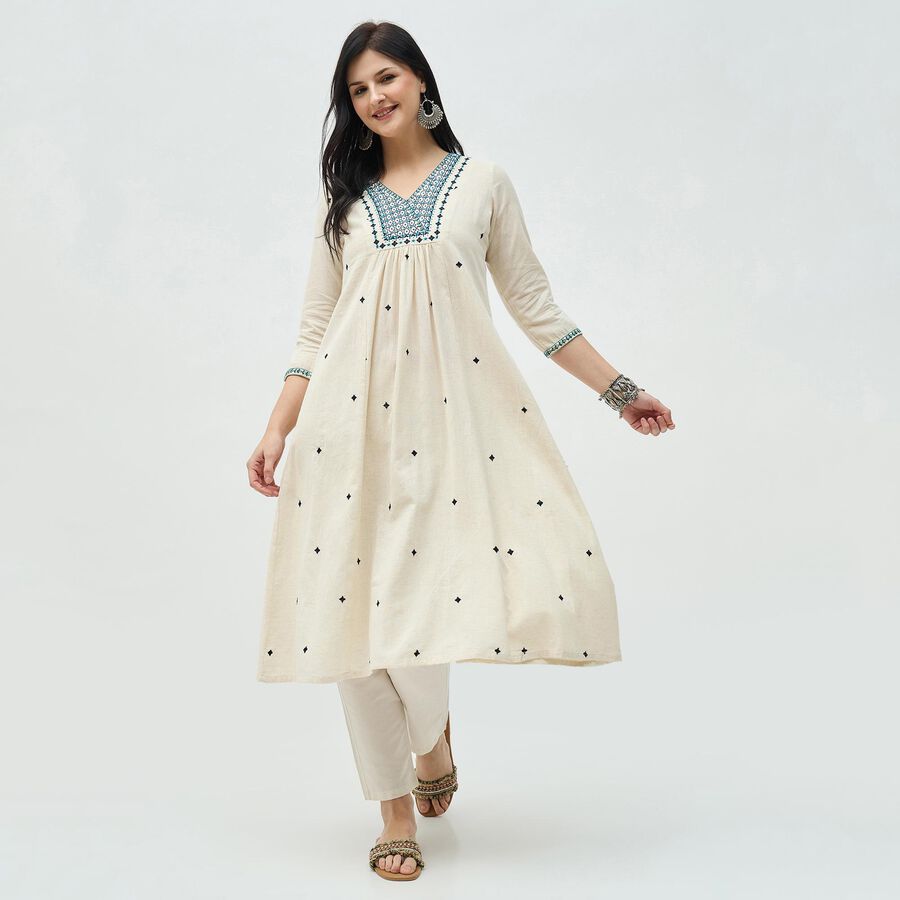 Women's Muted Blue Round Neck Classic Kurta, मध्यम नीला, large