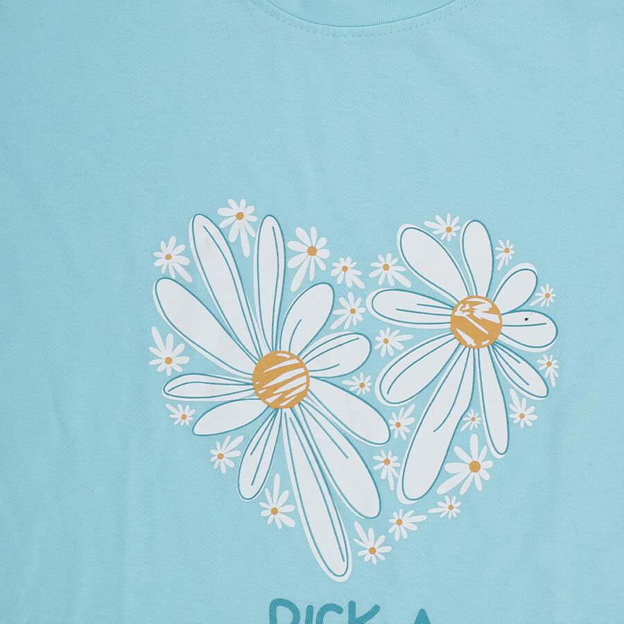 Girls' Aqua Round Neck Graphic Printed T-Shirt, एक्वा, large