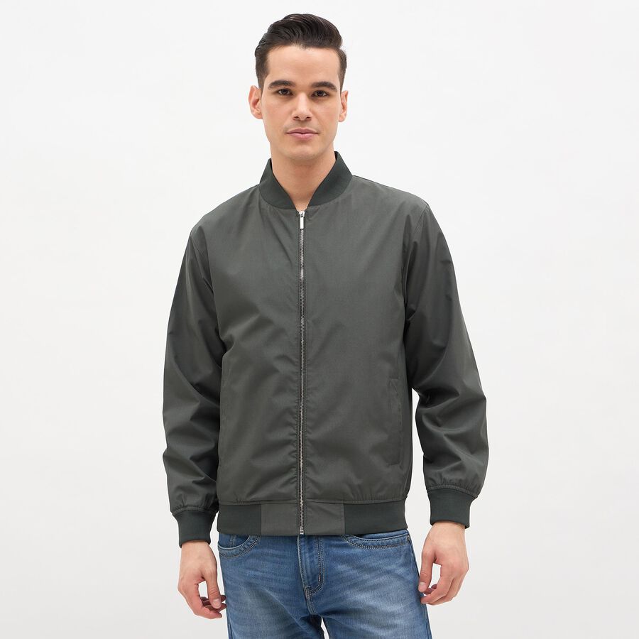 Men's Dark Olive Green Ribbed Bomber Jacket, गहरा हरा, large image number null