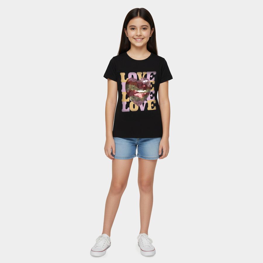 Girls Black Cotton Round Neck Casual T-Shirt, काला, large
