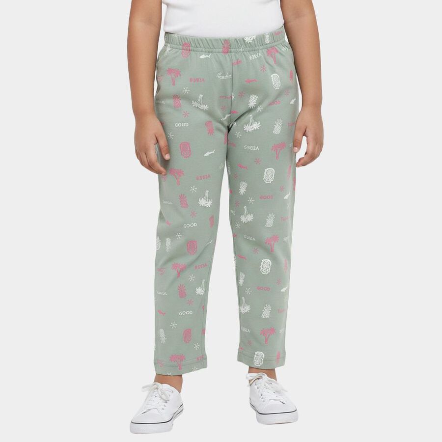 Girls' Olive Green Regular Fit Tropical Printed Pyjama, Light Green, large