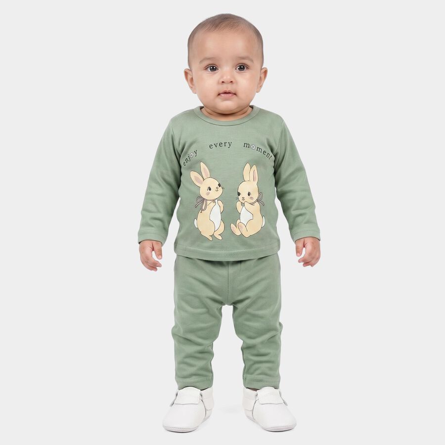 Infants Green Cotton Round Neck Lounge Set Hipster Set, हल्का हरा, large