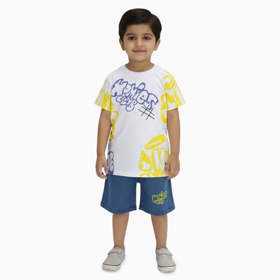 Boys' White Cotton Round Neck Graffiti Printed Baba Suit