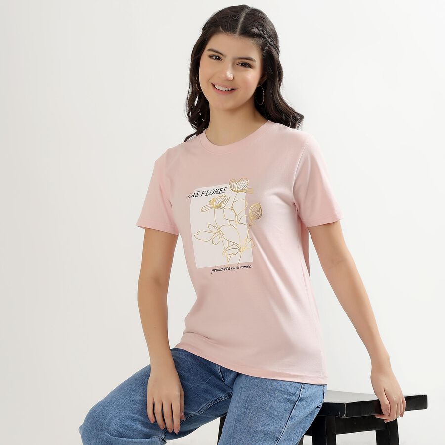 Women's Light Pink Cotton Round Neck Floral Print T-Shirt, Light Pink, large image number null