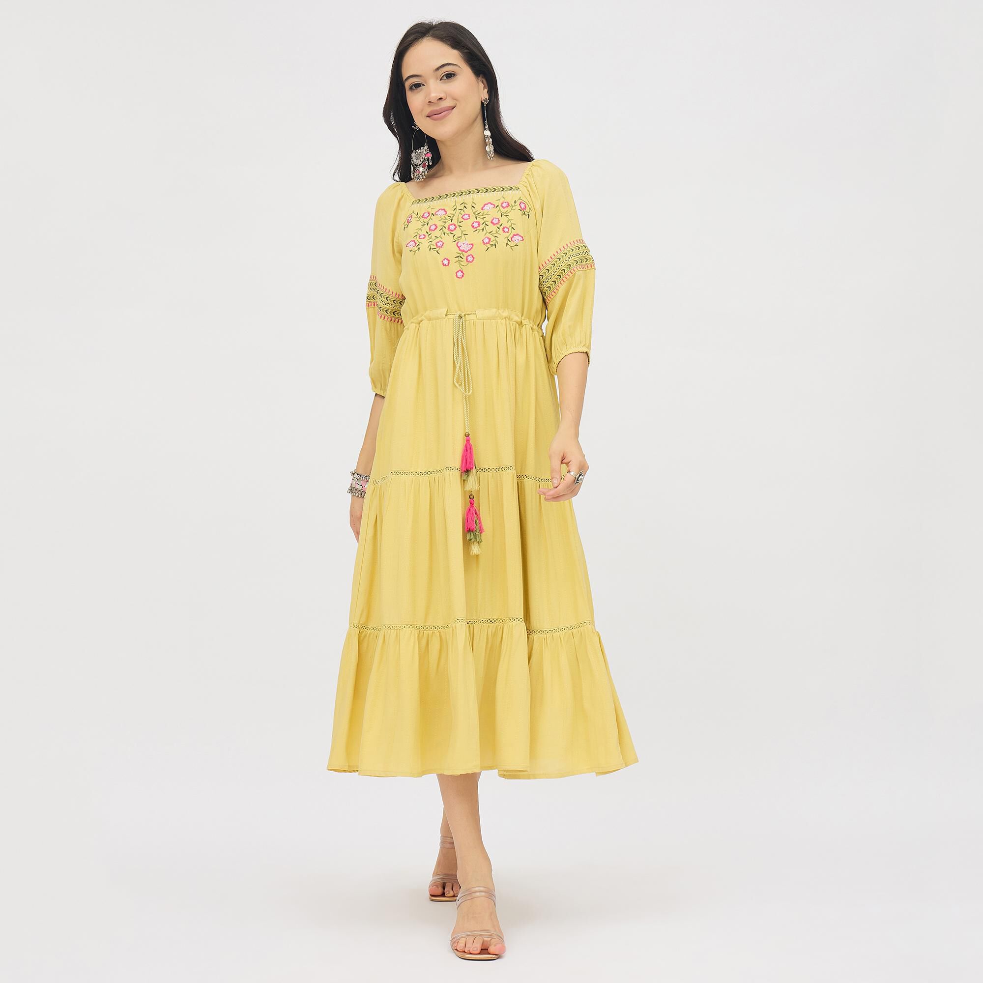 Lucky Charm Ladies' Bright Mustard Yellow Square Neck Bohemian