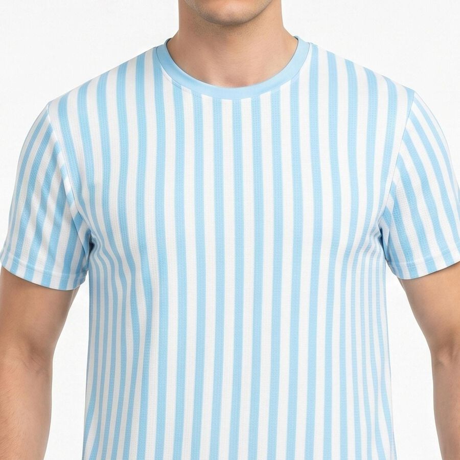 Men's Light Blue Round Neck Striped Regular Drifit T-Shirt, हल्का नीला, large