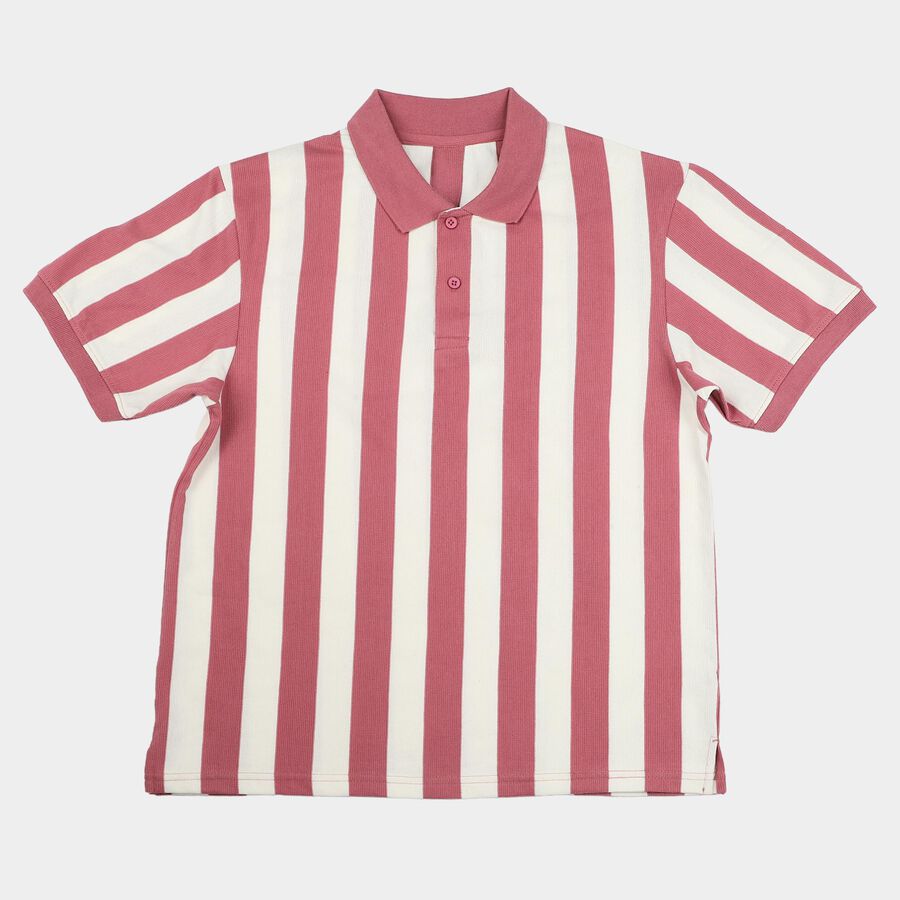 Men's Pink Polo Neck Striped T-Shirt, गुलाबी, large