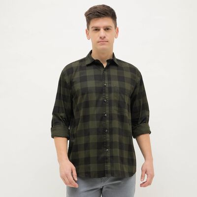 Men's Dark Olive Green Cotton Spread Collar Casual Shirt