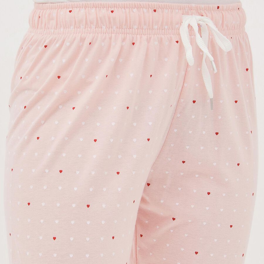 Women's Soft Pink Heart Print Elastic Waist Pyjama, Light Pink, large image number null