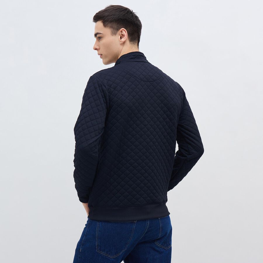 Men's Deep Midnight Navy Buttoned Neckline Quilted Sweatshirt, Navy Blue, large image number null