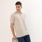 Men's Beige Polo Neck Preppy T-Shirt, Beige, small