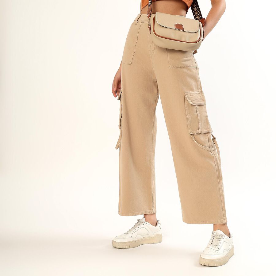 Women's Beige Wide Leg Cargo Jeans, Off White, large