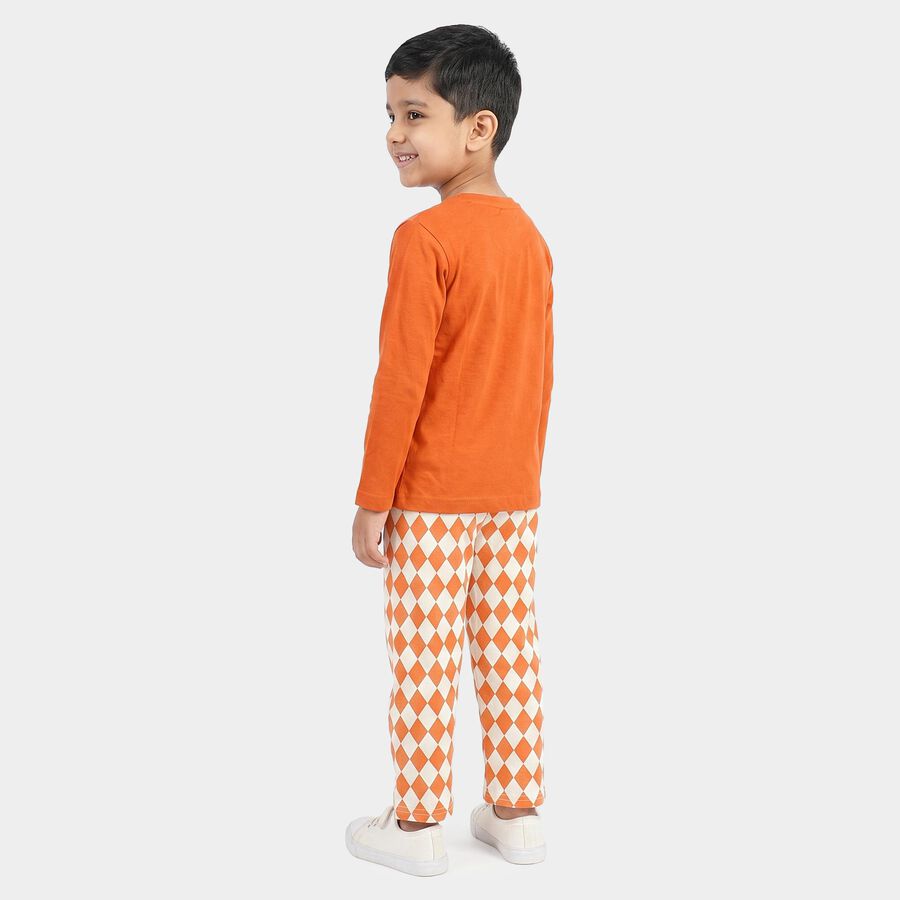 Boys Brown 100% Cotton Round Neck Graphic Print Baba Suit, Brown, large