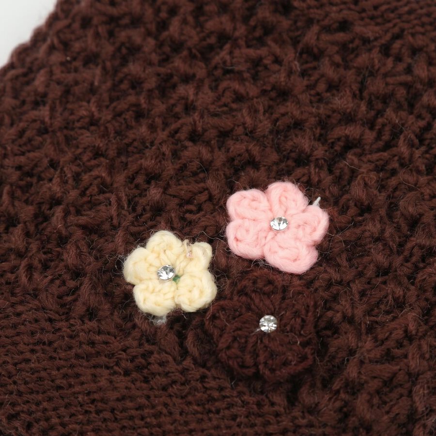 Women's Brown Floral Embellished Beanie Cap, भूरा, large