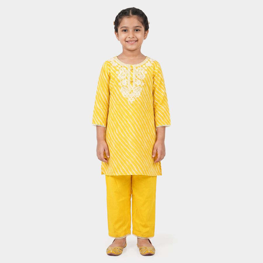 Girls Yellow Round Neck Fusion Set Upper and Bottom Set, पीला, large