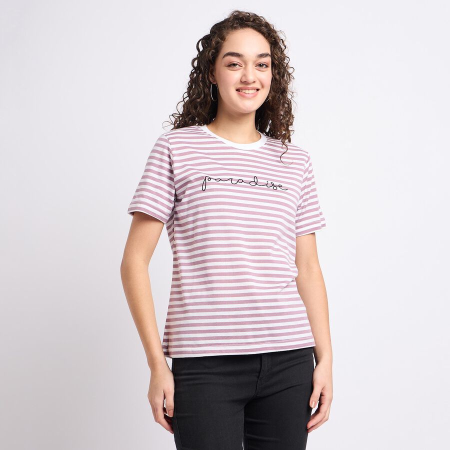 Ladies'  Stripes Round Neck T-Shirt, Purple, large image number null