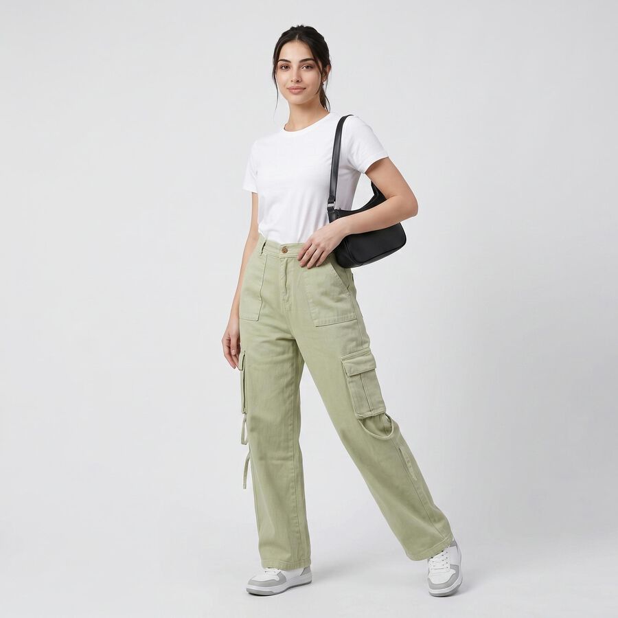 Women's Green Straight Fit Cargo Style Jeans, Green, large