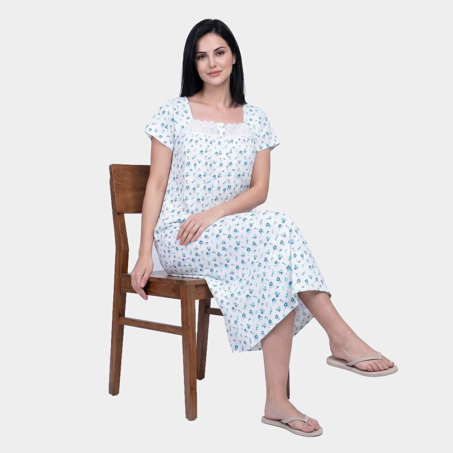 Women's White Square Neck A-Line Nighty, सफ़ेद, large