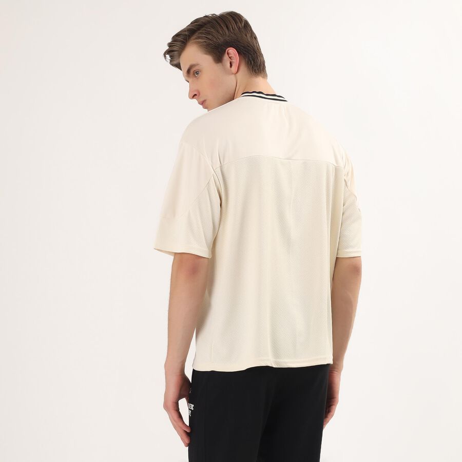 Men's White V-Neck Athleisure T-Shirt, एक्रू मिश्रित, large