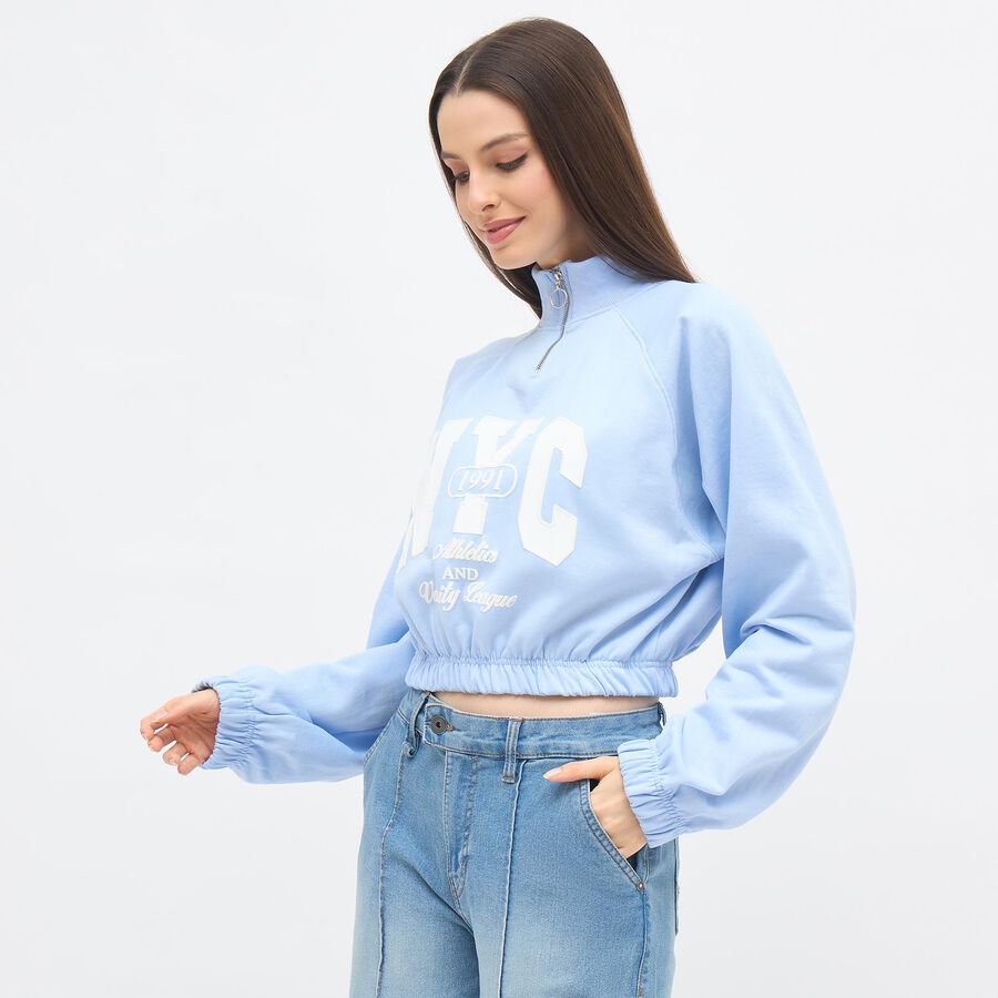 Women's Light Powder Blue Mock Neck Casual Sweatshirt, हल्का नीला, large image number null