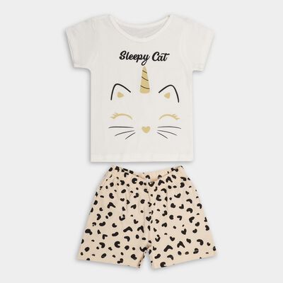 Girls' White Cotton Unicorn Graphic T-Shirt and Animal Print Shorts Set