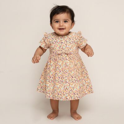 Infants' Pastel Floral Ruffled Sleeve Cotton Frock