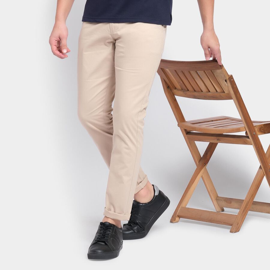 Men's 100% Cotton Slim Fit Casual Trousers , Beige, large image number null