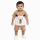 Infants' Beige Cotton Round Neck Bear Print Baba Suit, Beige, small