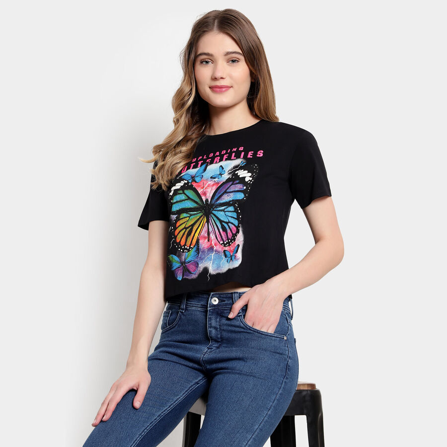 Cotton Round Neck T-Shirt, Black, large image number null