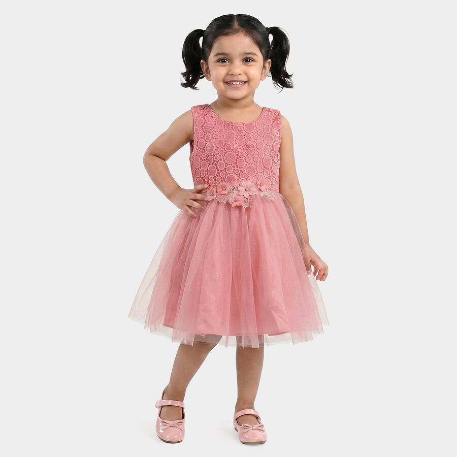 Girls' Pink Fit and Flare Lace Bodice Party Wear Frock, Light Pink, large