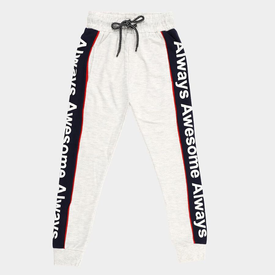 Boys' Light Grey Cotton Blend Text Print Pyjama, Ecru Melange, large image number null