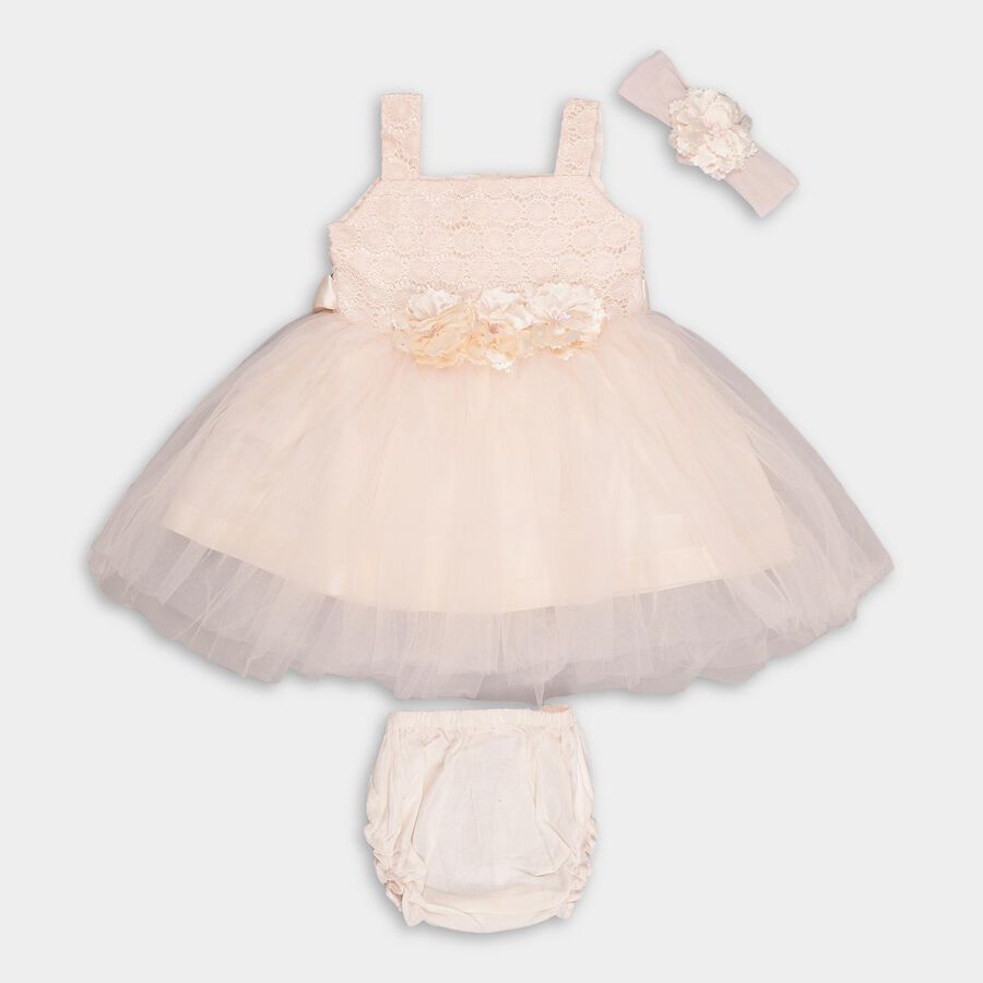 Infants' Soft Peach Lace Bodice Party Wear Frock, Light Pink, large