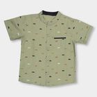 Infants' Muted Olive Green Cotton Mandarin Collar Casual Shirt, Olive, small