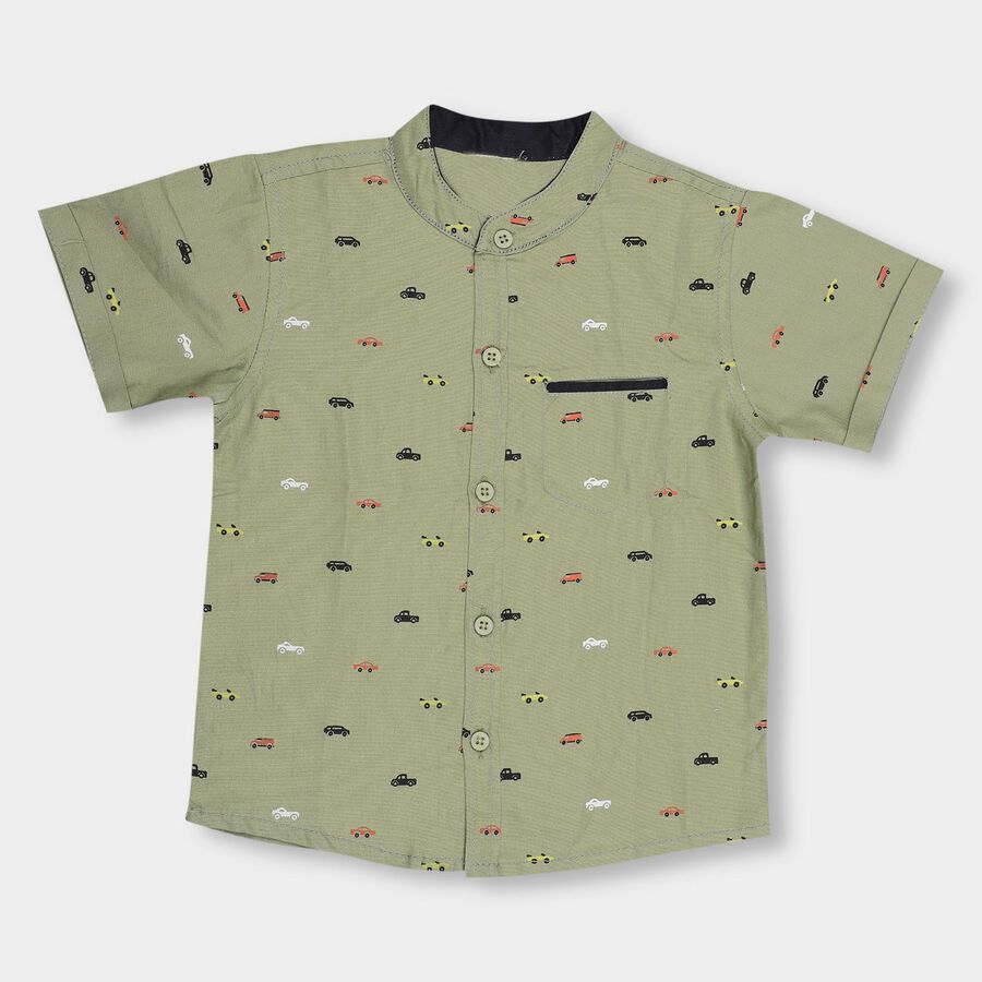 Infants' Muted Olive Green Cotton Mandarin Collar Casual Shirt, Olive, large