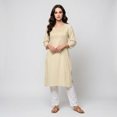 Women's Beige Round Neck Embroidered Kurta
